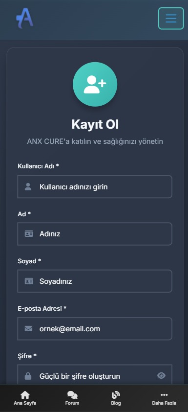 ANX CURE Mobil Uygulama - Kullanıcı Kayıt ve Profil Yönetimi Ekranı